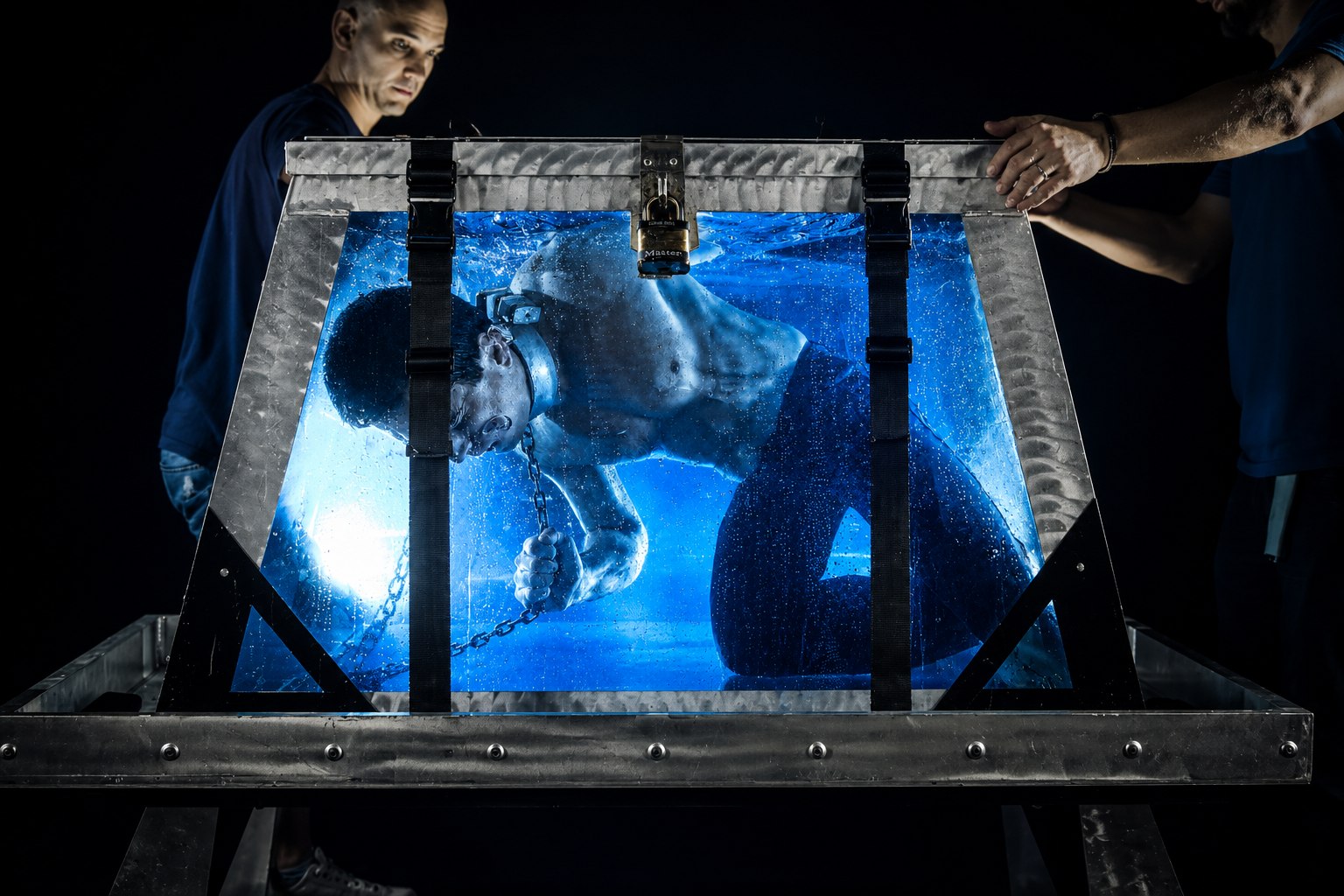 Phoenix chained inside the water tank as the crew padlock the lid shut